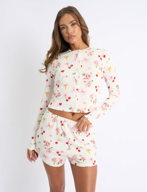 Kaiia Cherry Rose Print Button Up Long Sleeve Top & Shorts PJ Set Cream