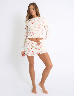 Kaiia Cherry Rose Print Button Up Long Sleeve Top & Shorts PJ Set Cream