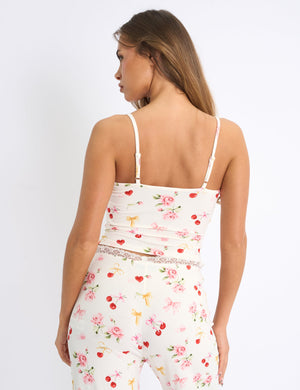 Kaiia Cherry Rose Print Cami Top & Trousers PJ Set Cream