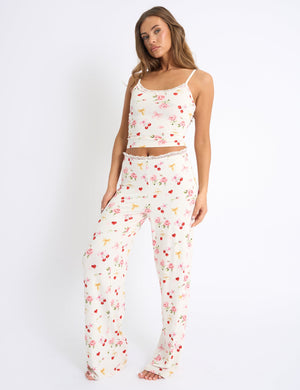 Kaiia Cherry Rose Print Cami Top & Trousers PJ Set Cream