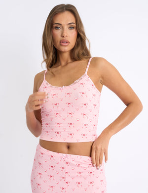 Kaiia Bow Print Cami Top & Trousers PJ Set Pink