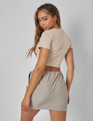 Drawstring Waist Cargo Mini Skirt Khaki