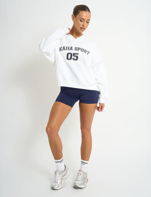 Kaiia Sport V Neck Oversized Sweatshirt White & Navy