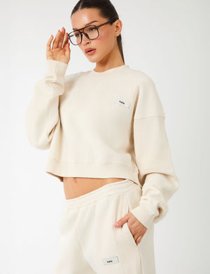Kaiia Label Logo Rib Panel Cropped Oversized Sweatshirt Cream