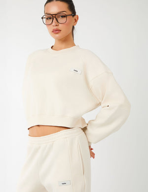 Kaiia Label Logo Rib Panel Cropped Oversized Sweatshirt Cream