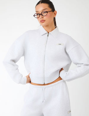 Kaiia Label Logo Collared Zip Through Sweatshirt Light Grey Marl