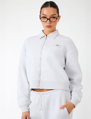 Kaiia Label Logo Collared Zip Through Sweatshirt Light Grey Marl