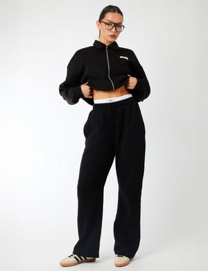 Kaiia Label Logo Exposed Waistband Wide Leg Joggers Black