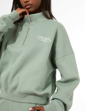 Kaiia Running Club Logo Quarter Zip Sweatshirt Green Tea