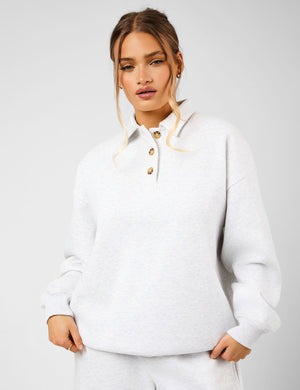 Kaiia Script Logo Button Detail Collar Sweatshirt Light Grey Marl
