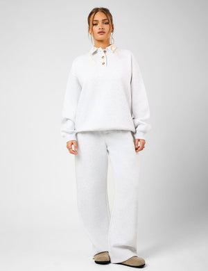 Kaiia Script Logo Button Detail Collar Sweatshirt Light Grey Marl