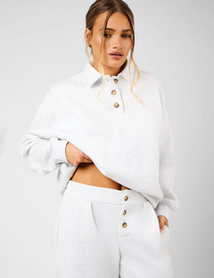 Kaiia Script Logo Button Detail Collar Sweatshirt Light Grey Marl