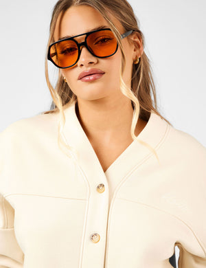 Kaiia Script Logo Button Down Detail Sweat Cardigan Crème