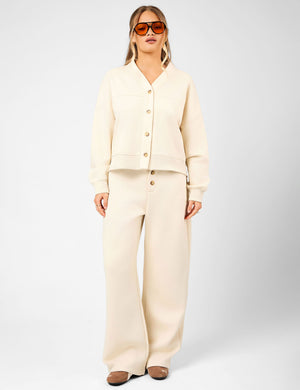 Kaiia Script Logo Button Down Detail Sweat Cardigan Crème