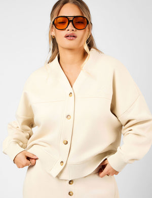 Kaiia Script Logo Button Down Detail Sweat Cardigan Crème