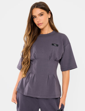 Kaiia Interlock Cinched Waist T-Shirt Midnight Charcoal