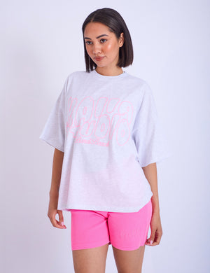 Kaiia Studio Embroidered Bubble Logo Oversized T-shirt Grey Marl & Pink