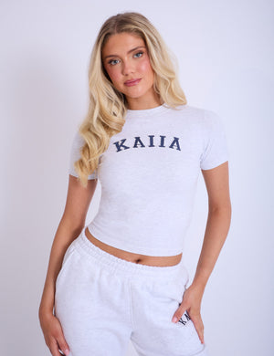 Kaiia Longline Baby Tee Light Grey Marl & Navy