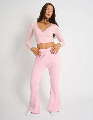 Kaiia Lace Trim Wrap Long Sleeve Top Pink