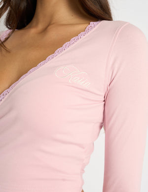 Kaiia Lace Trim Wrap Long Sleeve Top Pink