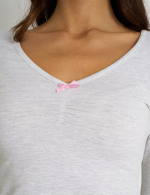 Kaiia Bow Detail Ruched Top Light Grey Marl