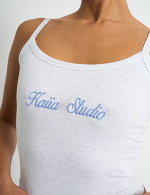 Kaiia Script Logo Cami Top Light Grey Marl & Vintage Blue