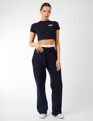 Kaiia Label Logo Exposed Waistband Wide Leg Joggers Navy