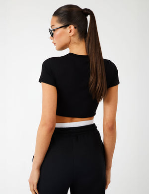 Kaiia Label Logo Exposed Waistband Wide Leg Joggers Black