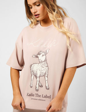 Kaiia Oversized Spring Lamb Graphic T-Shirt Champagne