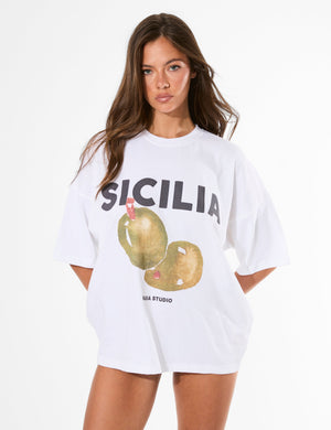 Kaiia Sicilia Olives Graphic Oversized T-Shirt White