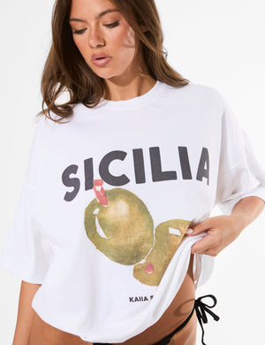 Kaiia Sicilia Olives Graphic Oversized T-Shirt White