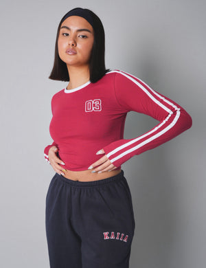 Kaiia Sporty Long Sleeve Tee with Contrast Binding in Red and White