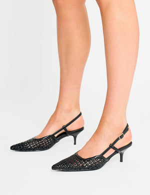 Neita Black Pu Woven Slingback Court Mid Heels