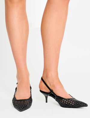 Neita Black Pu Woven Slingback Court Mid Heels