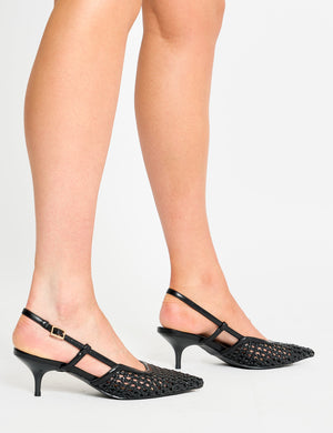 Neita Black Pu Woven Slingback Court Mid Heels