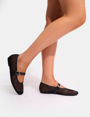 Nelly Black Mesh Buckle Strap Ballet Flat Pumps