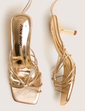 Nora Gold Pu Lace Up Strappy Mid Heels