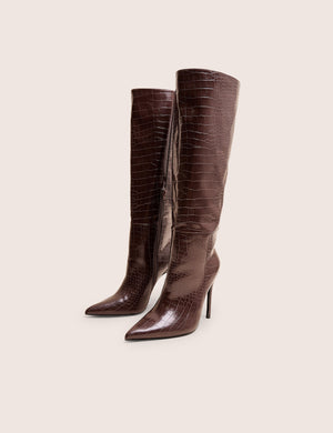 Nova Chocolate Brown Croc Knee High Stiletto Boots