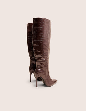 Nova Chocolate Brown Croc Knee High Stiletto Boots