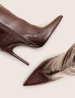 Nova Chocolate Brown Croc Knee High Stiletto Boots