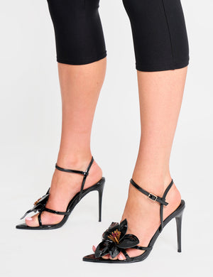 Ondine Black Patent 3D Floral Barely There Stiletto High Heels