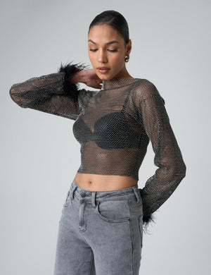 Feather Cuff Detail Diamante Mesh Cropped Top Black