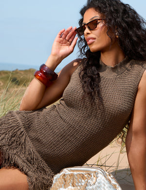 Tassel Hem Fine Knit Mini Dress Khaki