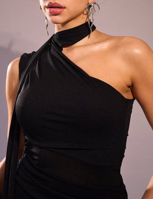 Mesh Choker Detail Asymmetric Midaxi Dress Black