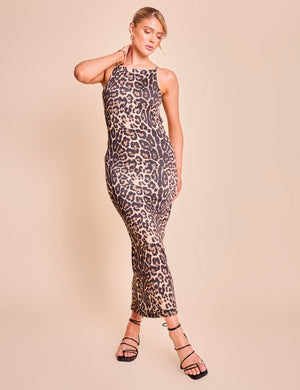 High Neck Cowl Back Maxi Dress Leopard