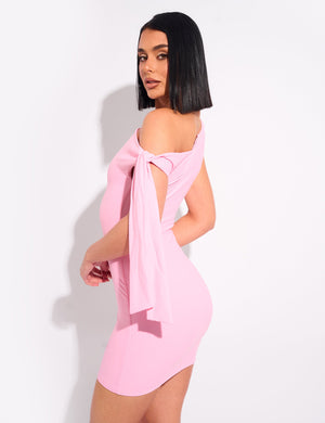 Knot Detail Asymmetric One Shoulder Luxe Slinky Mini Dress Pink