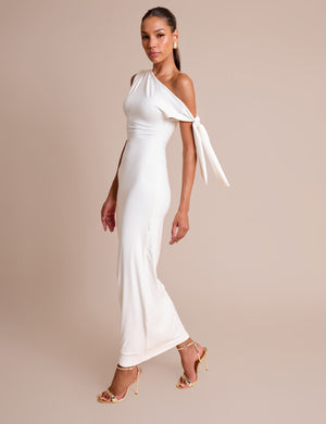 Knot Detail Asymmetric One Shoulder Luxe Slinky Maxi Dress