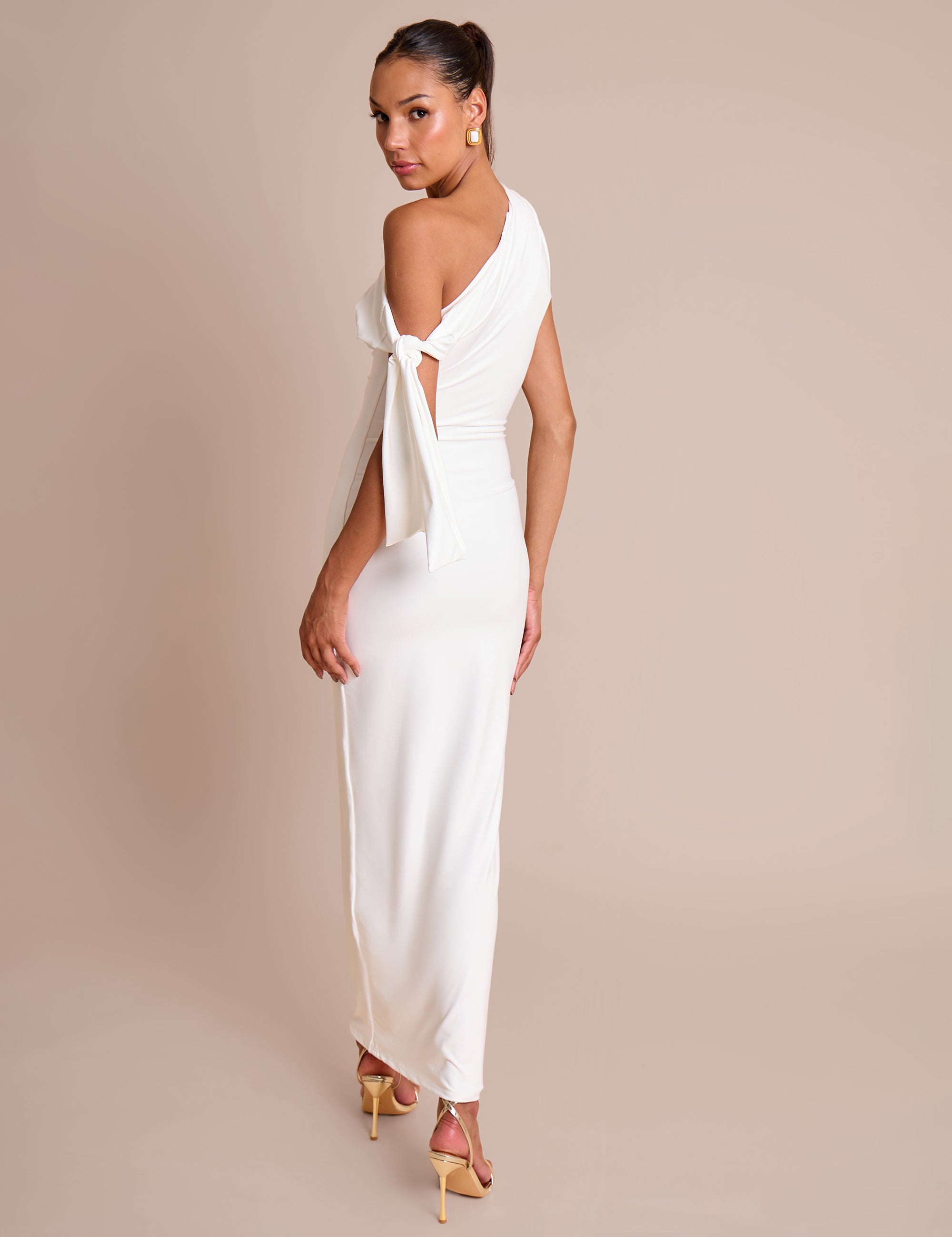 Knot Detail Asymmetric One Shoulder Luxe Slinky Maxi Dress