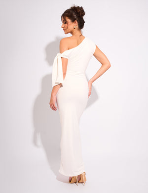 Knot Detail Asymmetric One Shoulder Luxe Slinky Maxi Dress White