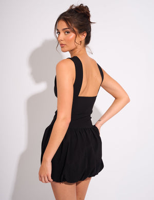 Plunge Bubble Hem Mini Dress Black